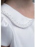 Beaded Peter Pan Collar White Satin Box Pleated Flower Girl Dress